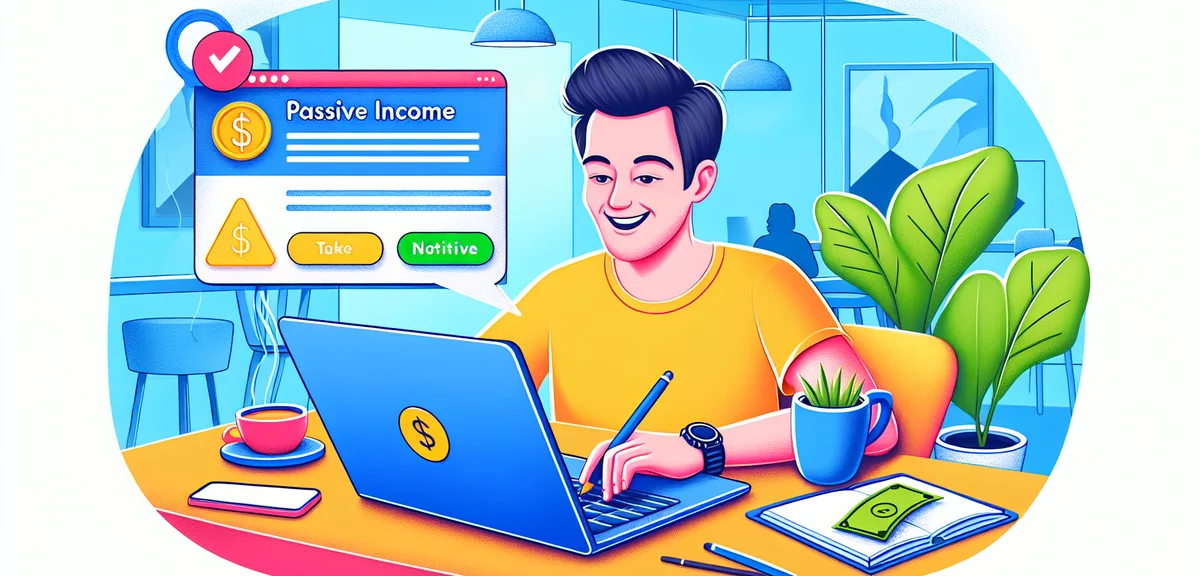 カフェでノートPCを使って作業する幸せそうな人物、画面に不労所得の通知が表示されている、モダンなイラストスタイル、明るく陽気な色合い