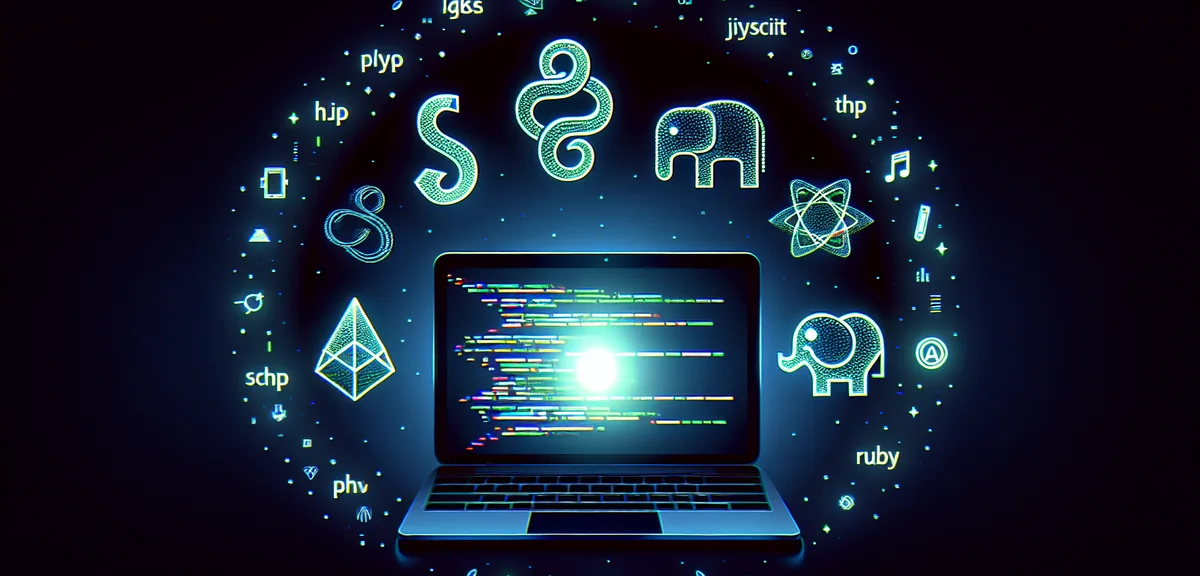 An illustration showing different programming languages logos - Python, JavaScript, PHP, Ruby - floa