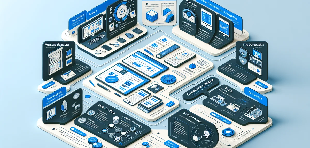 An illustration of various freelance programming projects - web development, app creation, data anal