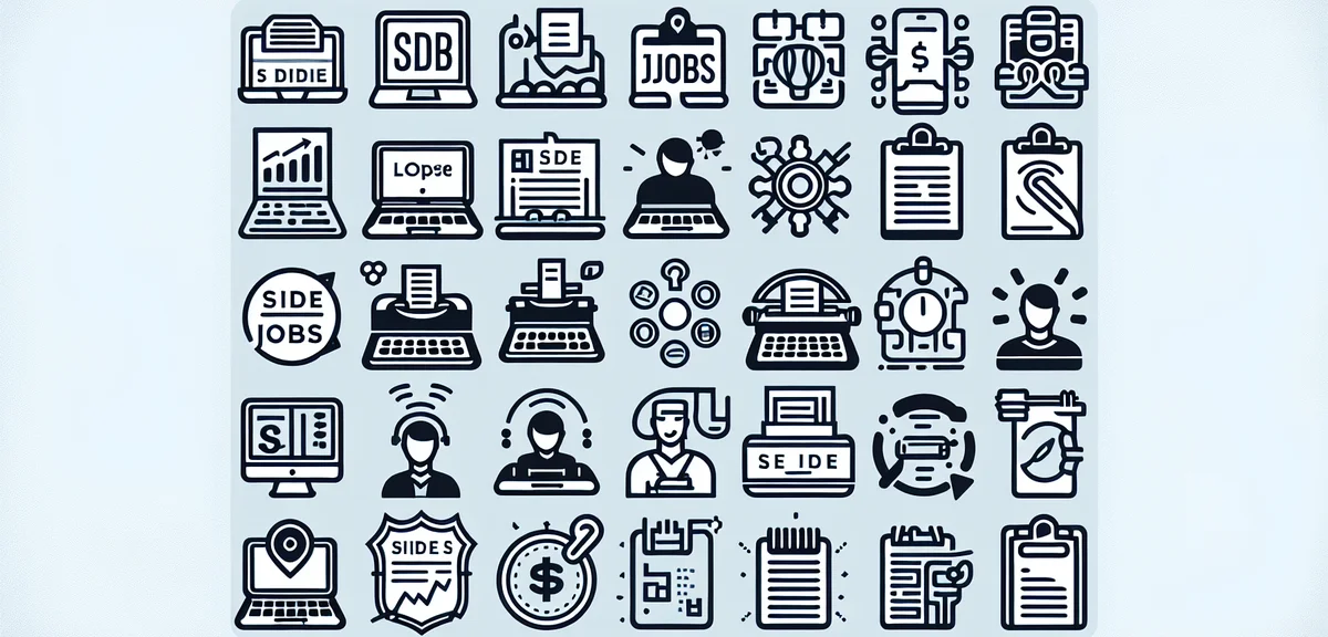 Various side job icons arranged in a grid, including transcription, proofreading, data entry, simple