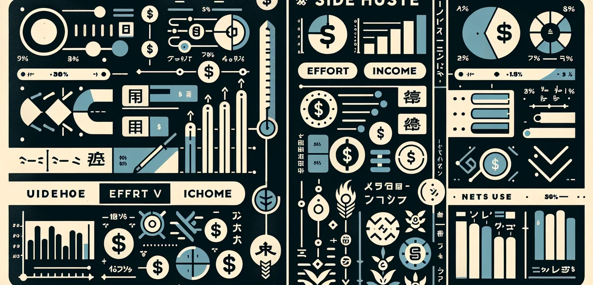 A comparison chart showing effort vs income for different side jobs, infographic style with Japanese