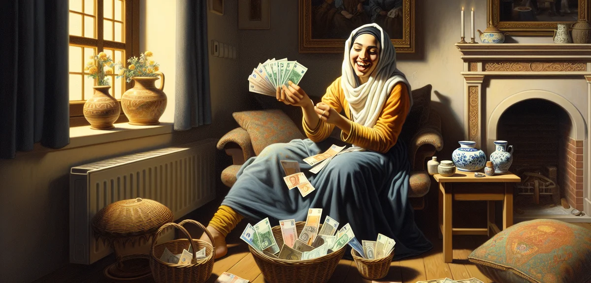 A person happily counting money from multiple income sources, home setting, warm and cozy atmosphere
