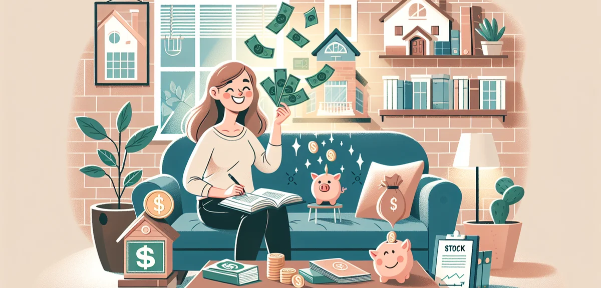 A person happily counting money from multiple income sources, home setting, warm and cozy atmosphere