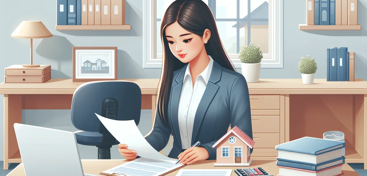 A person studying real estate documents at a desk with a calculator, miniature house model on the ta