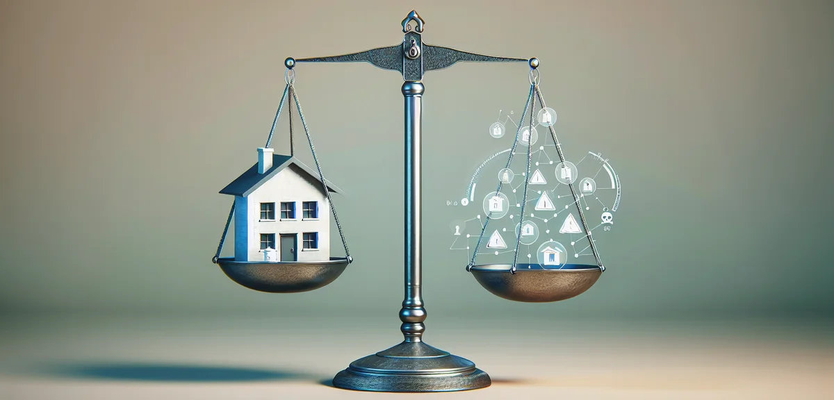 A balance scale with a house on one side and risk icons (warning signs, empty room) on the other sid