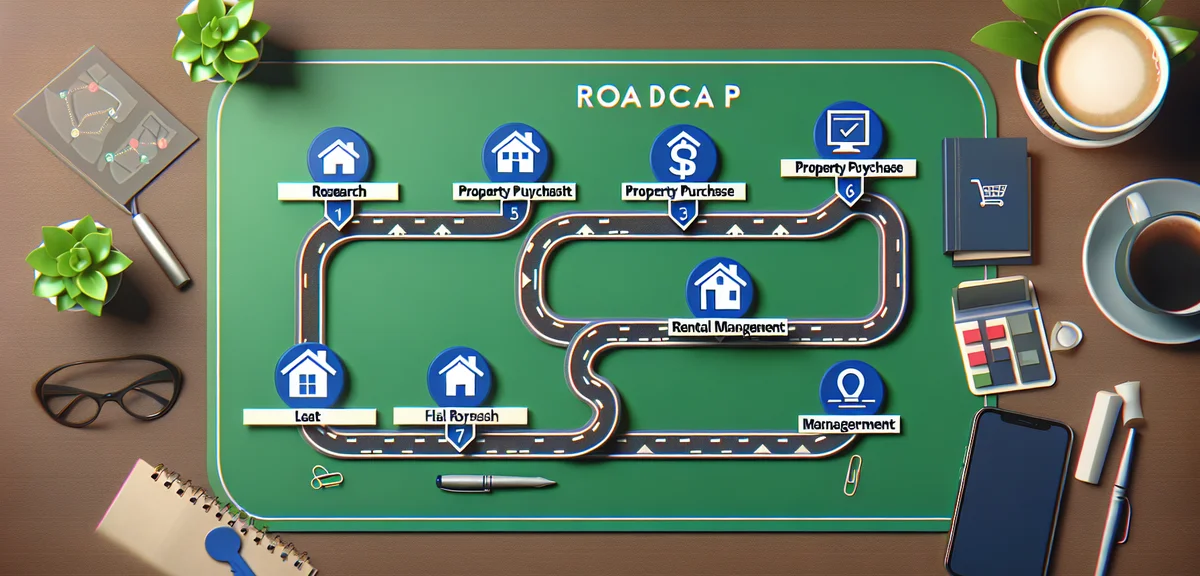 A roadmap illustration showing steps from research to property purchase to rental management, milest