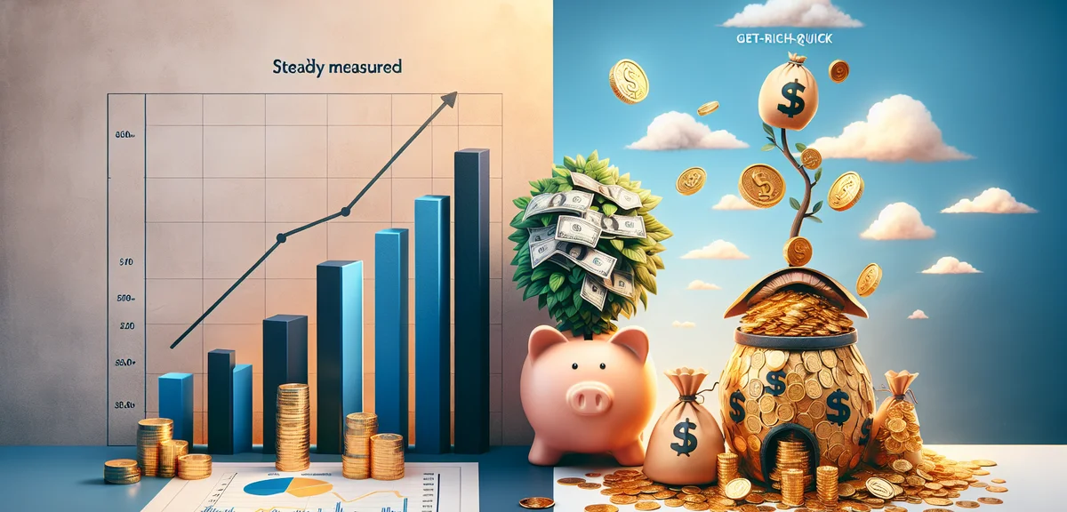 An illustration contrasting realistic vs unrealistic passive income - one side showing steady growth