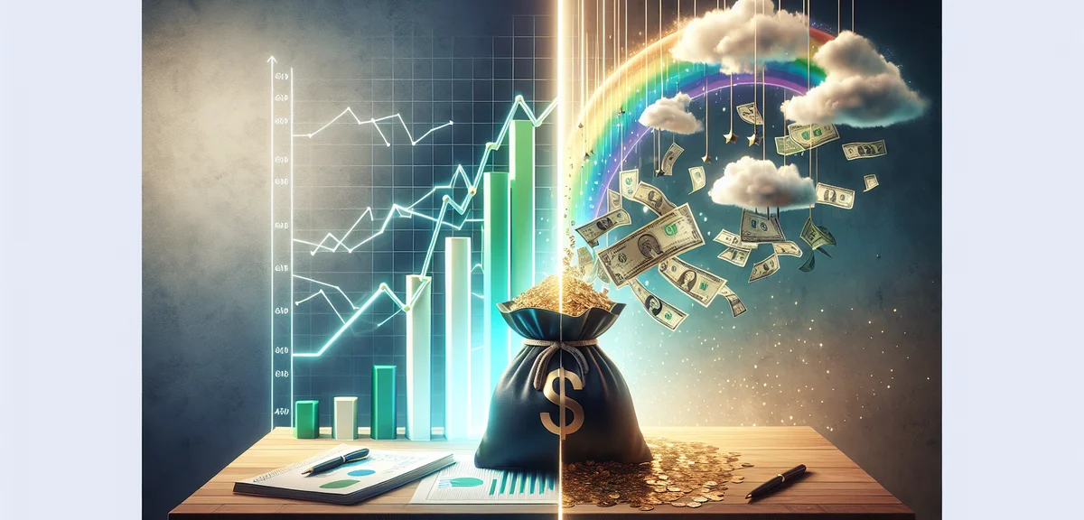 An illustration contrasting realistic vs unrealistic passive income - one side showing steady growth