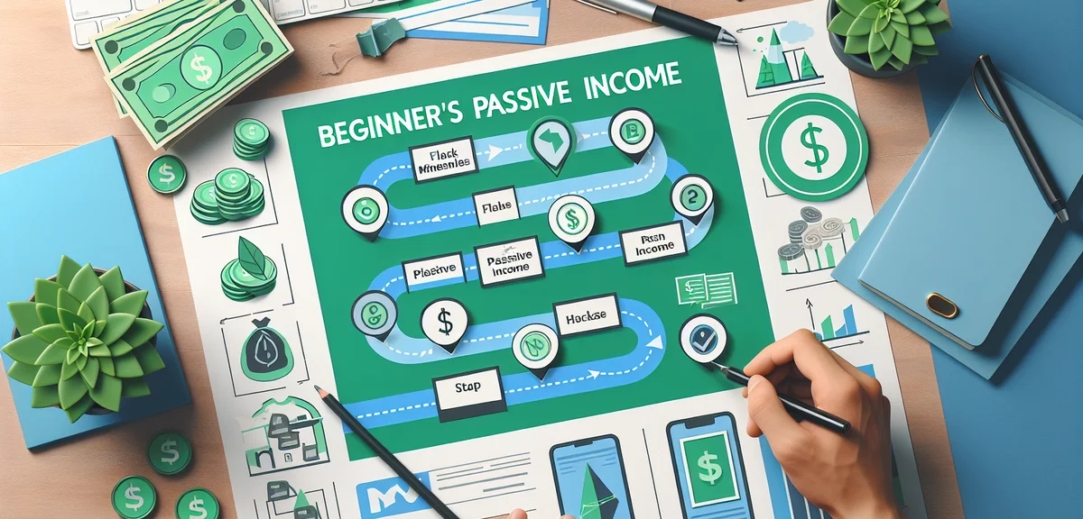 A step-by-step roadmap illustration showing beginner's path to passive income, with milestones and c