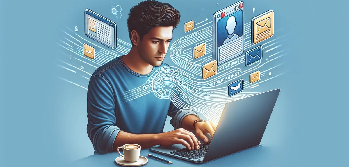 A person using AI tools on a laptop to manage a blog, with automated content creation visualized as