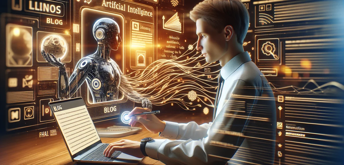 A person using AI tools on a laptop to manage a blog, with automated content creation visualized as 