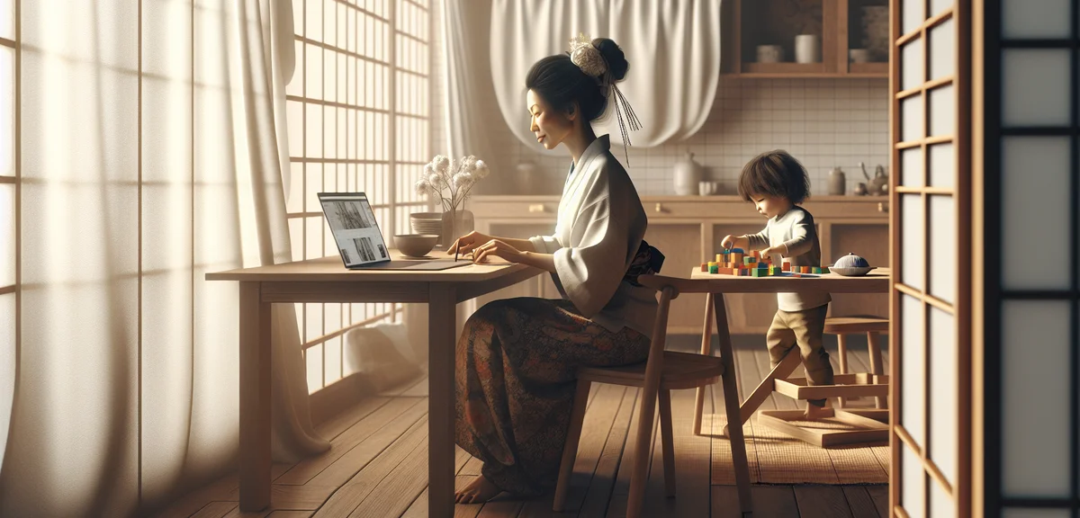 A woman working on a laptop at a kitchen table while a child plays nearby, warm cozy atmosphere, Jap