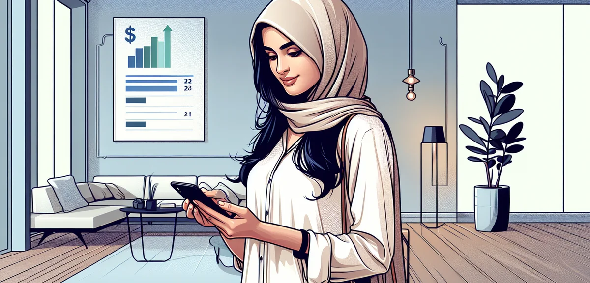 A person checking earnings on a smartphone with a satisfied expression, modern minimalist room backg