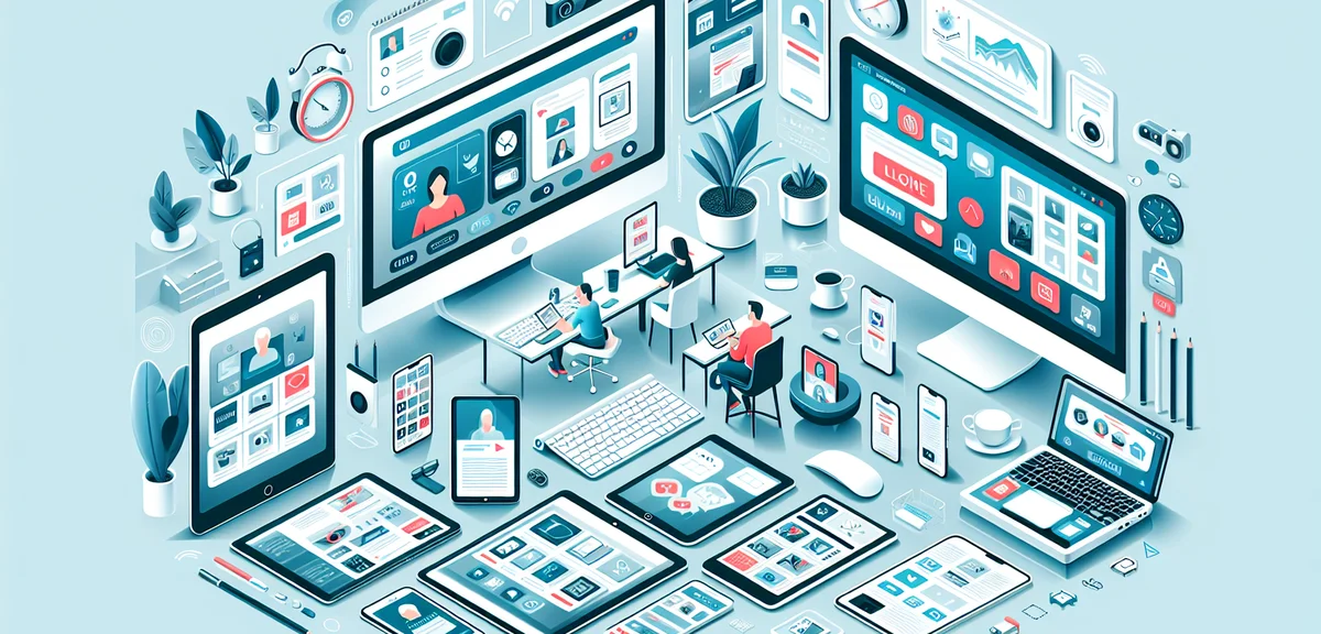 Multiple devices showing different online work opportunities, work from home concept, connected life