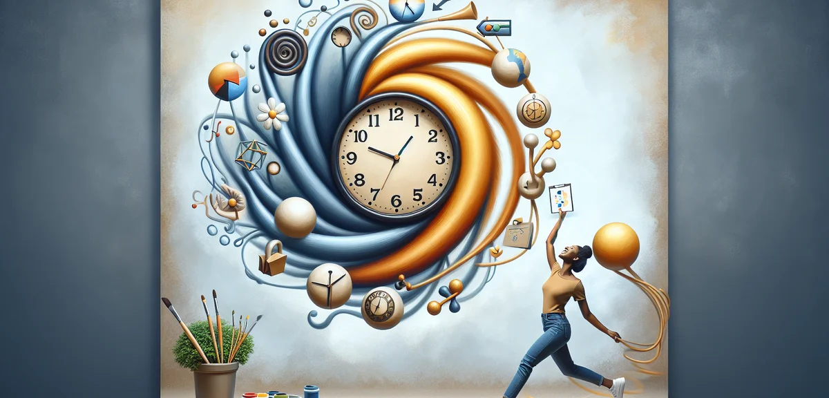 Time flexibility concept, clock with freedom symbols, work-life balance illustration, person choosin