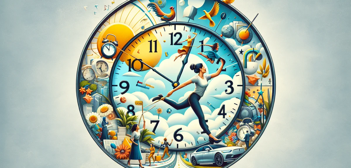 Time flexibility concept, clock with freedom symbols, work-life balance illustration, person choosin