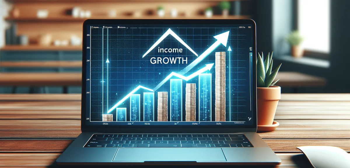 Income growth chart from home work, money increasing graph on laptop screen, success from home conce