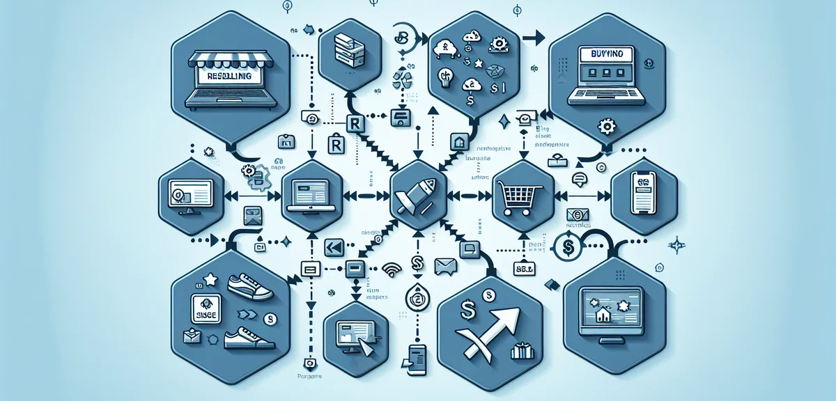 A visual comparison of buying sources and selling platforms for reselling business, icons of various