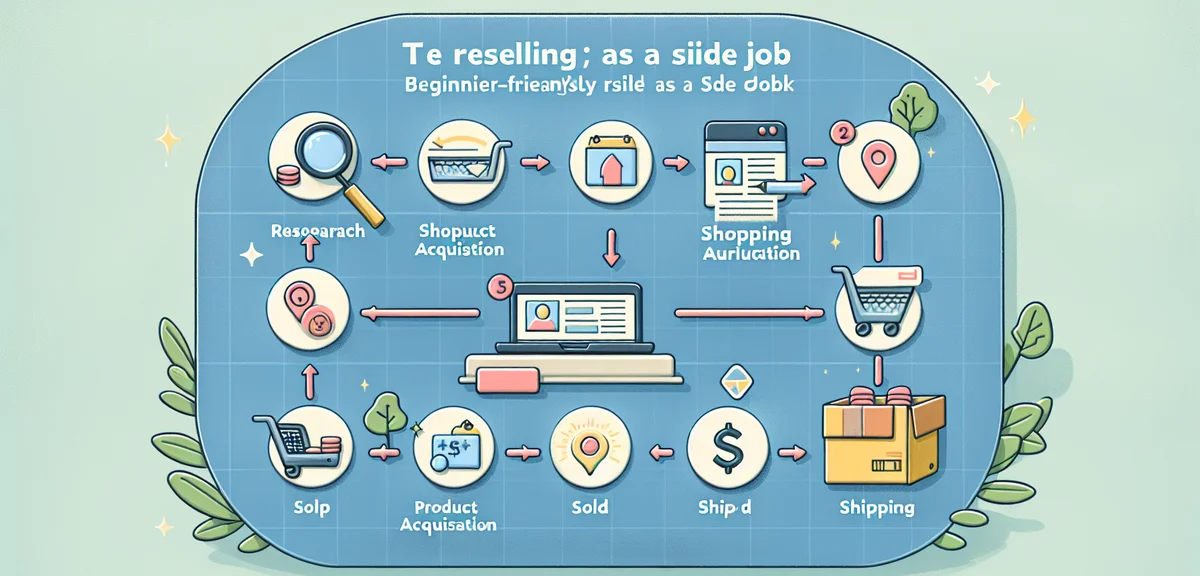A beginner-friendly step-by-step workflow of reselling side job, from product research to shipping, 