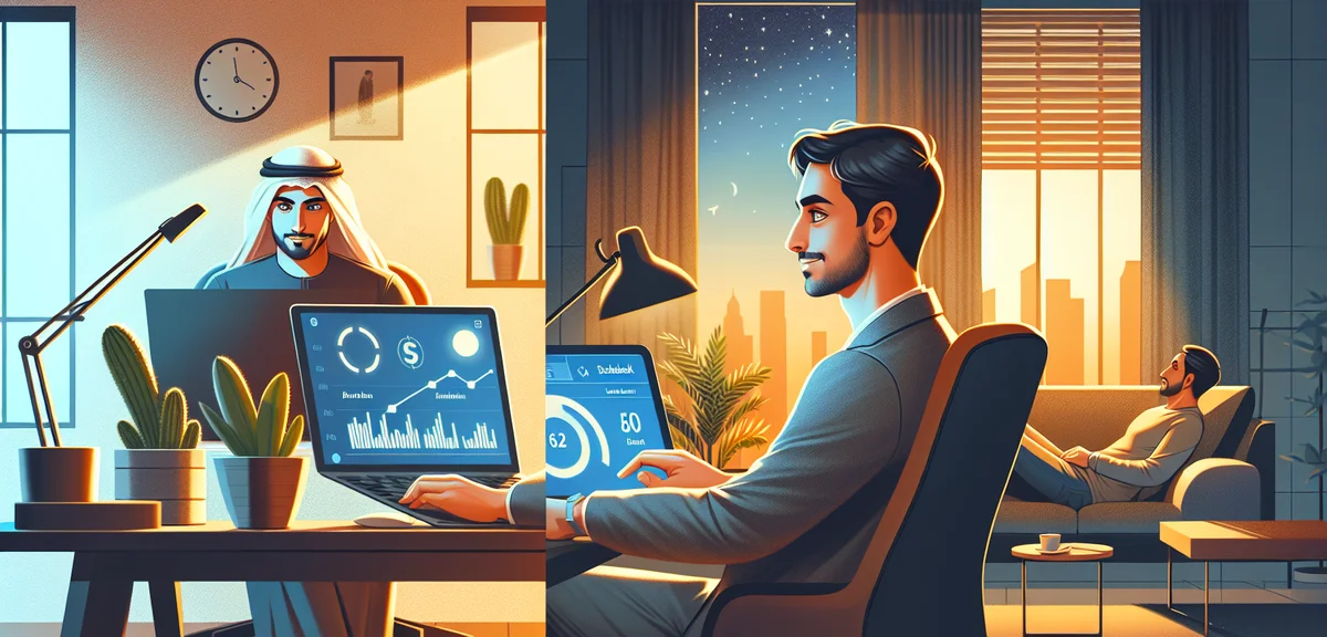 A split-screen illustration showing a businessman working at office during day on left side, and the