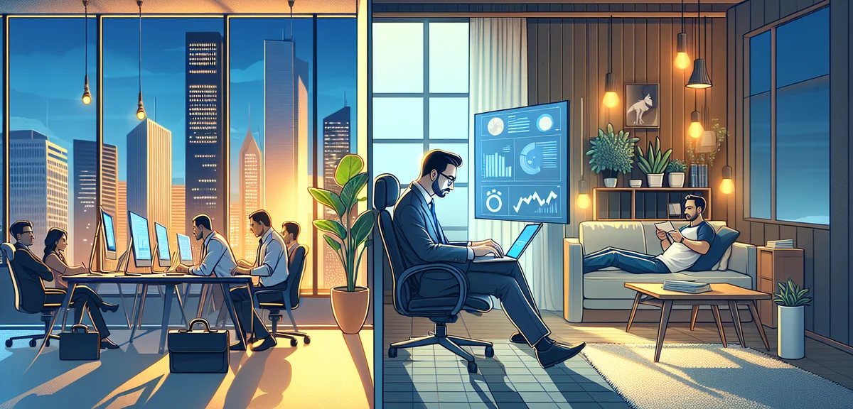 A split-screen illustration showing a businessman working at office during day on left side, and the