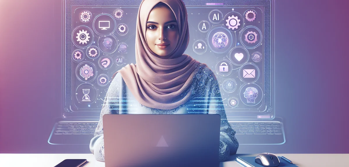 A person using AI tools on a laptop to manage a blog, with automated gears and workflow icons floati