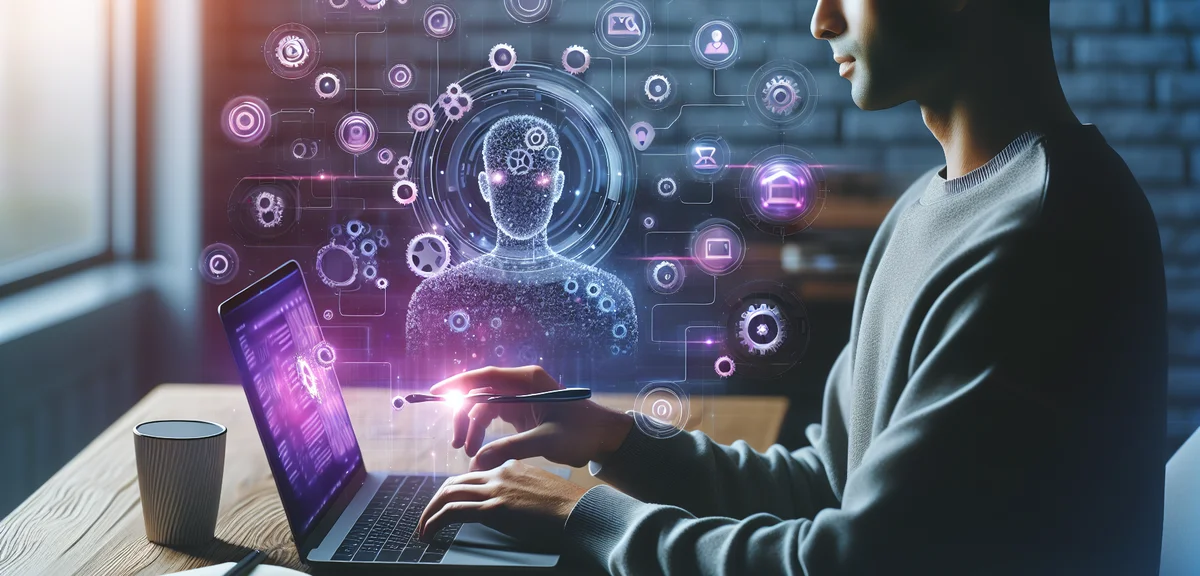 A person using AI tools on a laptop to manage a blog, with automated gears and workflow icons floati