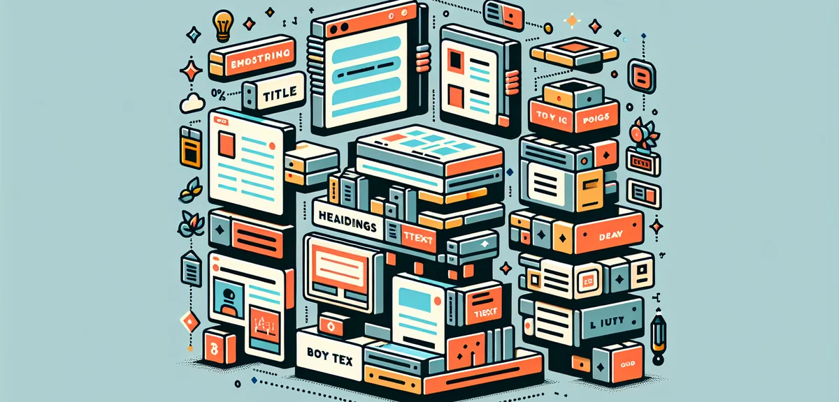 An infographic-style illustration showing blog post structure: title, headings, body text, images ar