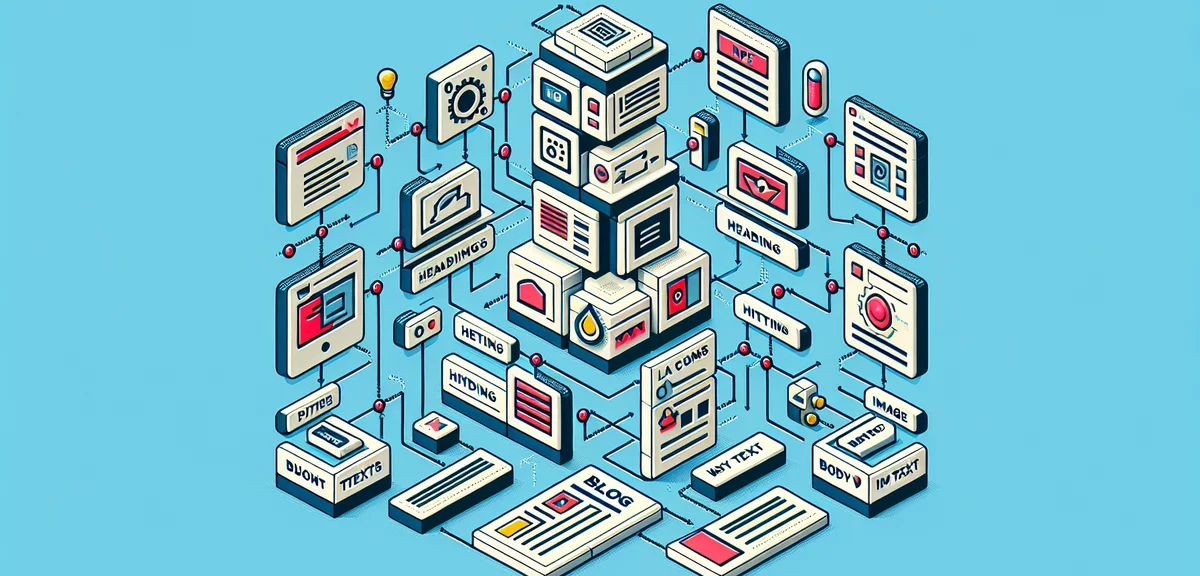 An infographic-style illustration showing blog post structure: title, headings, body text, images ar