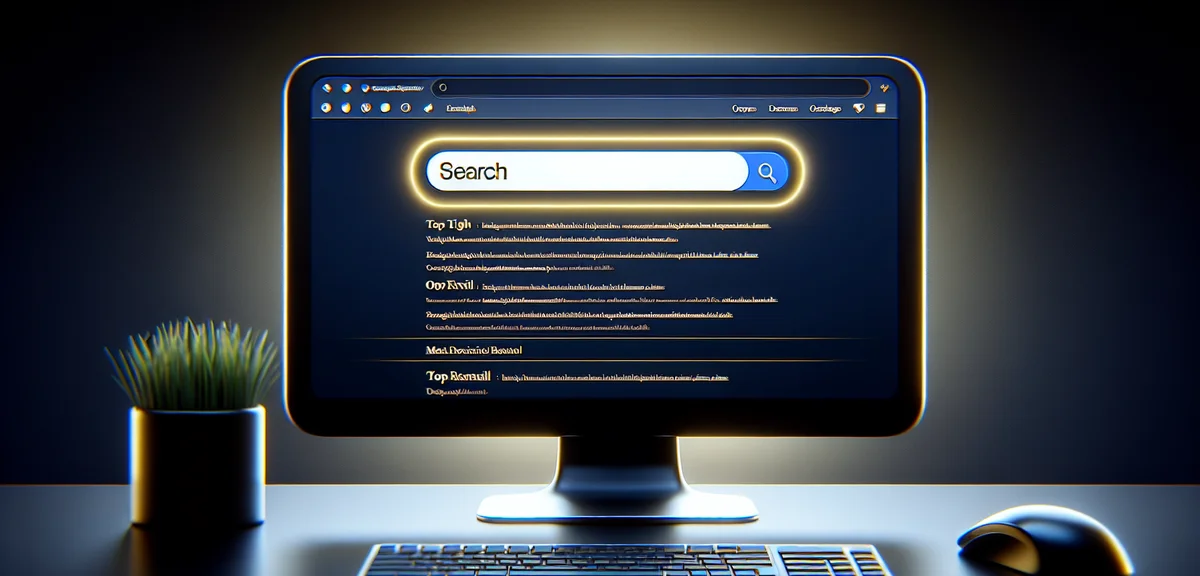 A search engine results page illustration with the top result highlighted in gold, showing title and