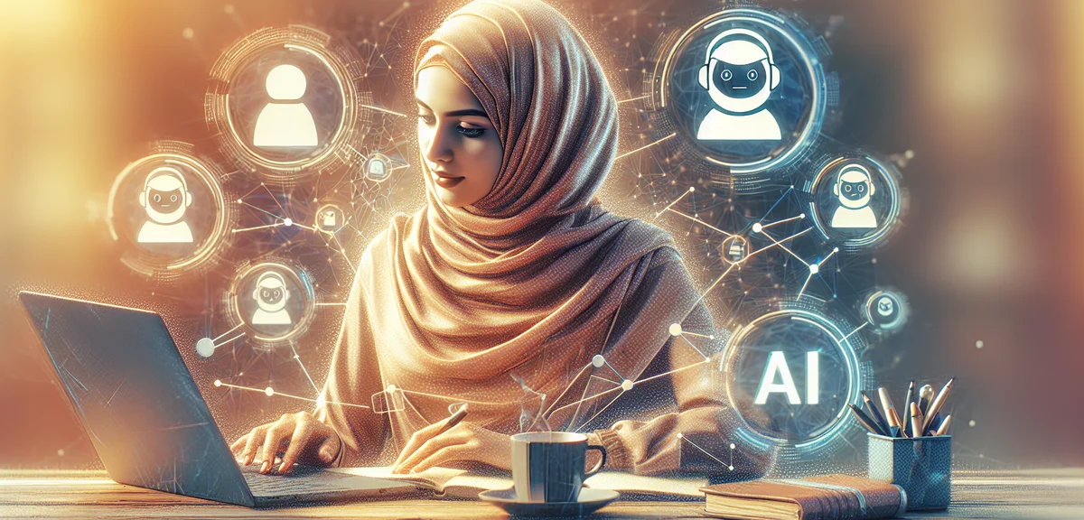 A person working on a laptop with AI assistant icons floating around, writing content efficiently, w
