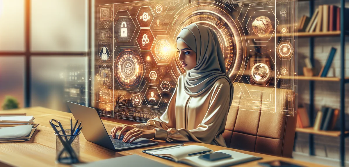 A person working on a laptop with AI assistant icons floating around, writing content efficiently, w