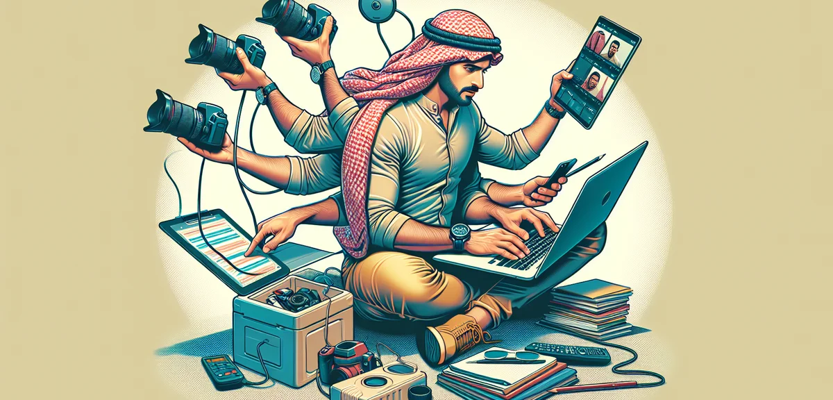 An illustration of a person doing multiple tasks at once - typing on laptop, taking photos, editing 