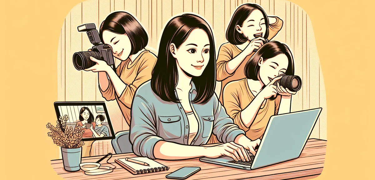 An illustration of a person doing multiple tasks at once - typing on laptop, taking photos, editing