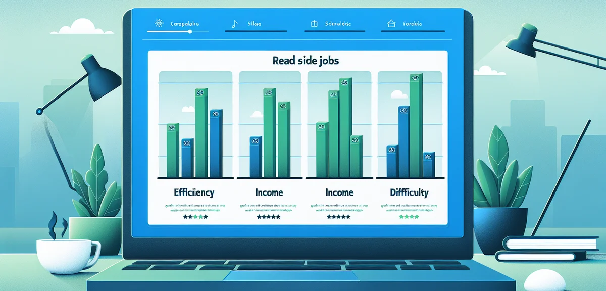 A comparison chart illustration with bar graphs showing different side jobs rated by efficiency, inc