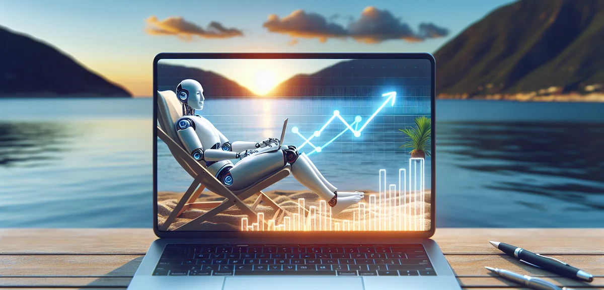 An illustration of a person relaxing while an AI robot manages a blog on a laptop screen, futuristic