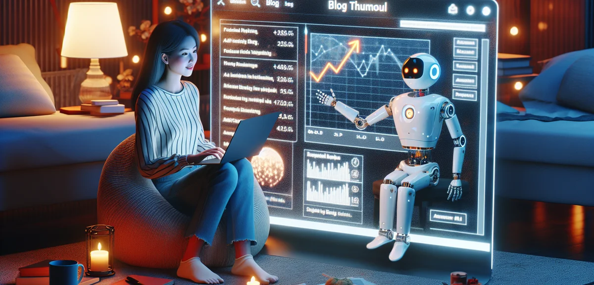 An illustration of a person relaxing while an AI robot manages a blog on a laptop screen, futuristic