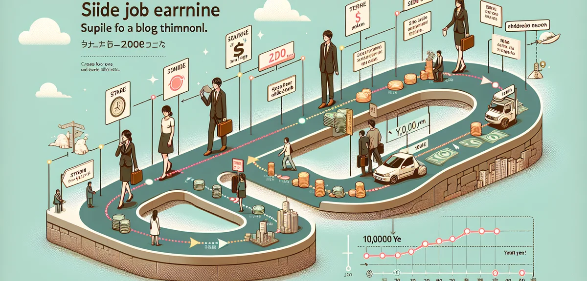 Timeline infographic showing side job journey from start to 100k yen, milestone markers, growth prog