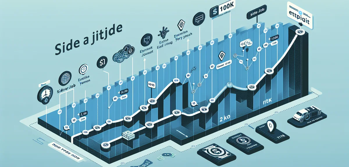 Timeline infographic showing side job journey from start to 100k yen, milestone markers, growth prog