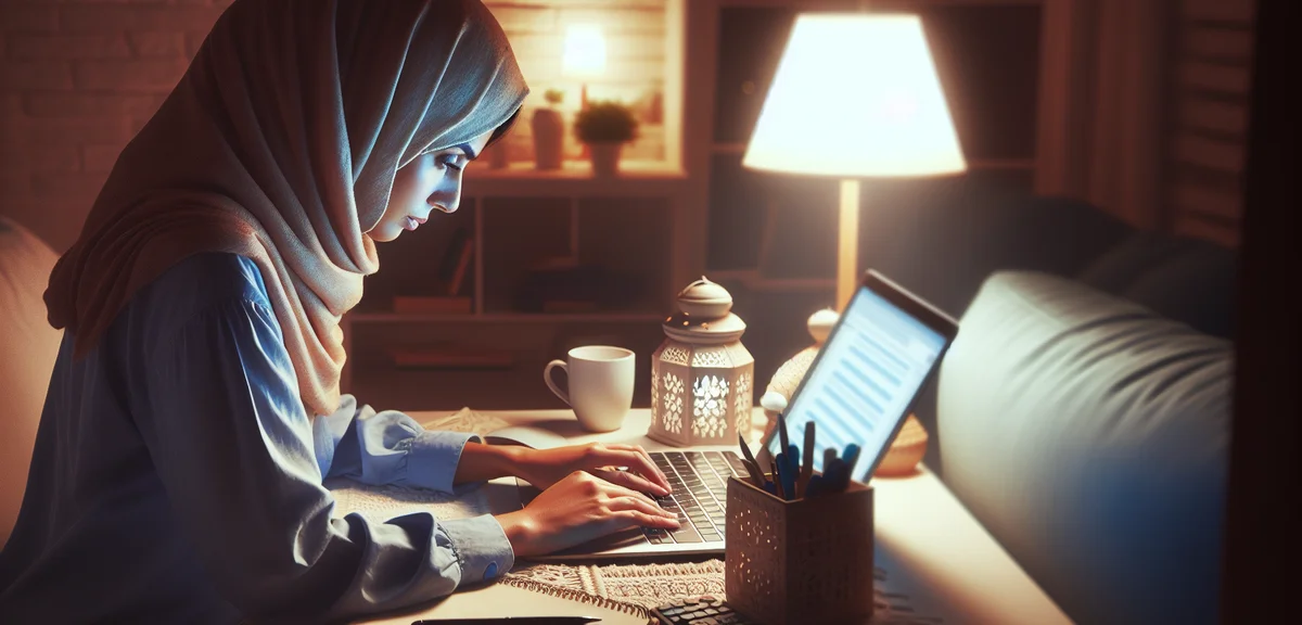 Person working on laptop late evening at home office, cup of coffee, dedicated atmosphere, cozy real