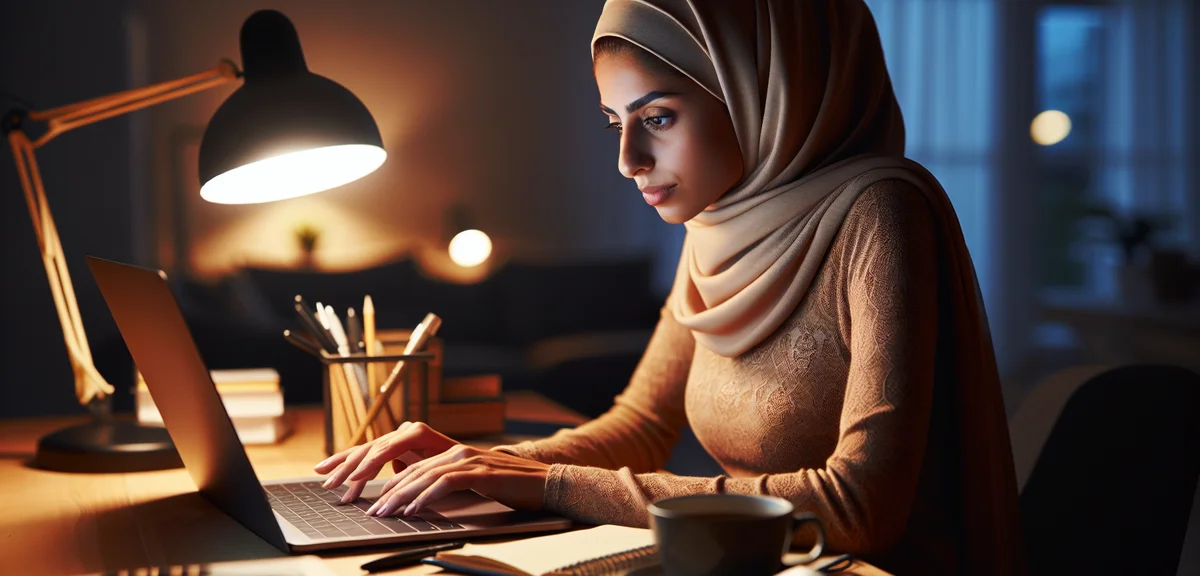 Person working on laptop late evening at home office, cup of coffee, dedicated atmosphere, cozy real