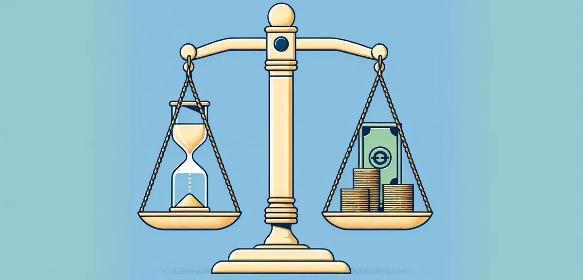 Balance scale showing work-life balance with money and time symbols, harmony concept, minimalist ill