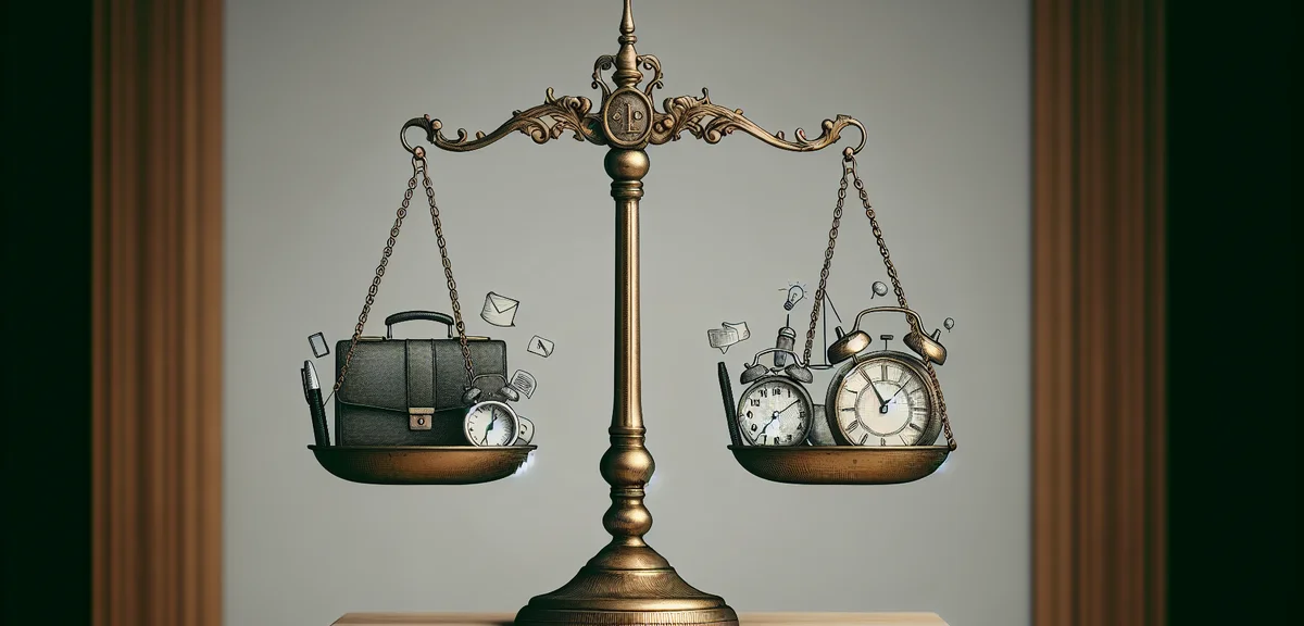 Balance scale showing work-life balance with money and time symbols, harmony concept, minimalist ill