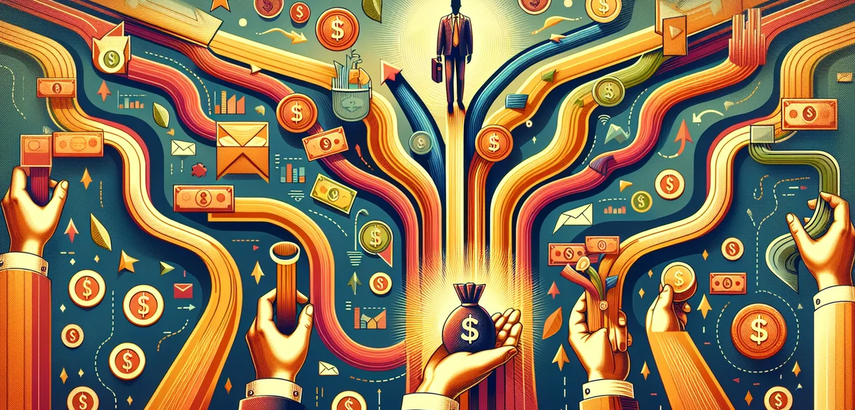 Multiple income streams flowing to person, diversified earnings concept, professional infographic st