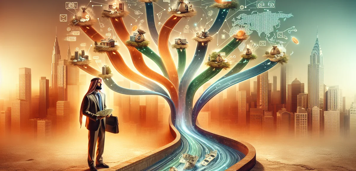 Multiple income streams flowing to person, diversified earnings concept, professional infographic st