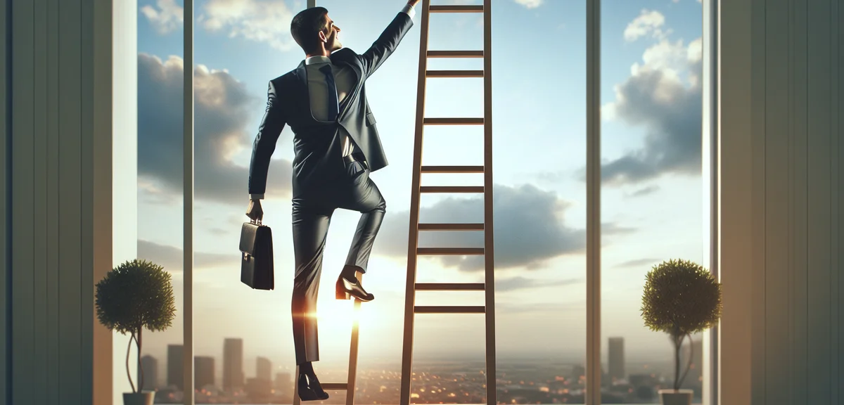 Skill level up illustration, person climbing ladder, growth and development concept, motivational bu