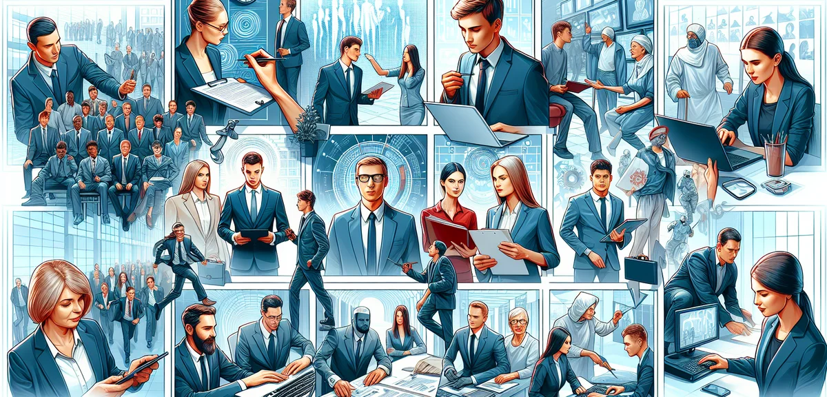 Success case studies collage, various professionals working, achievement stories concept, inspiring 