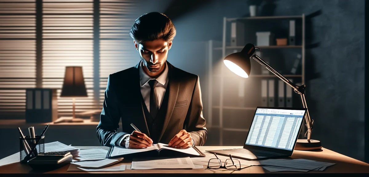 A person carefully filling out tax forms at a desk with a laptop showing tax software, professional 