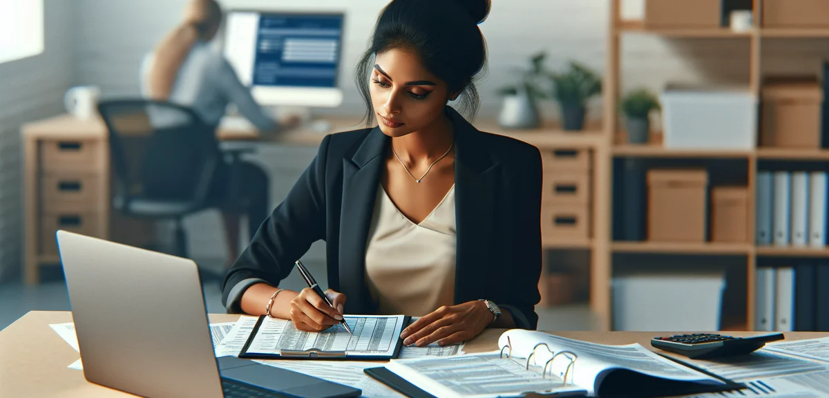 A person carefully filling out tax forms at a desk with a laptop showing tax software, professional