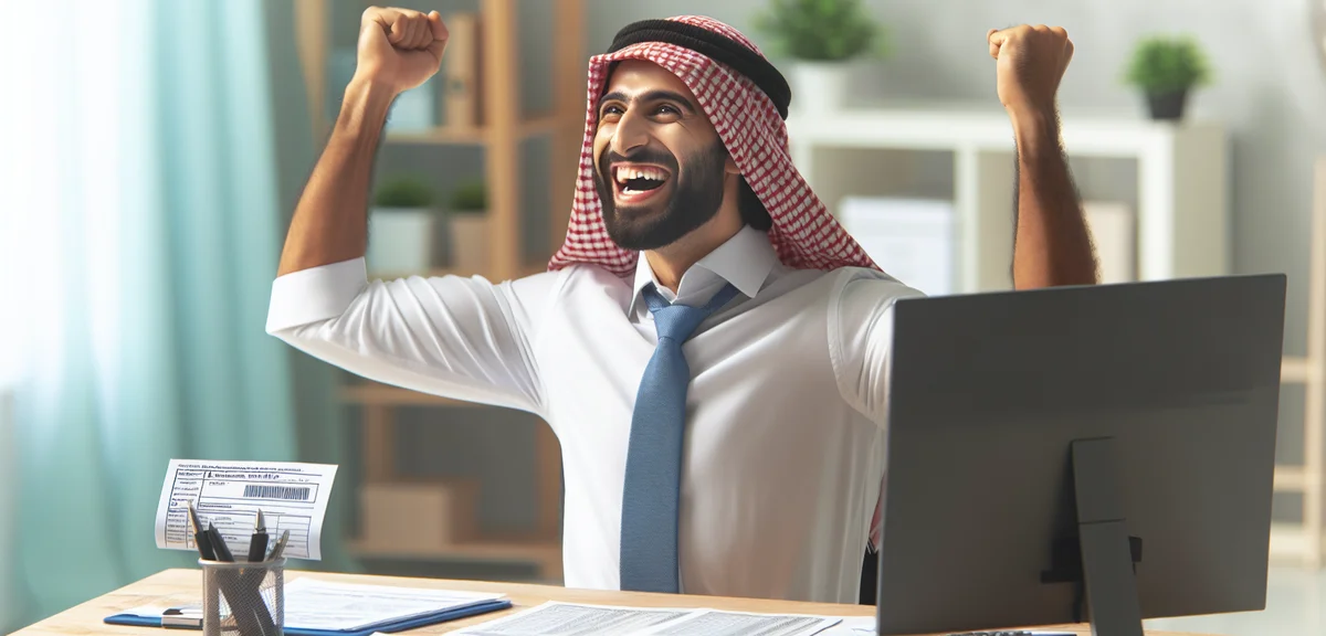 A relieved person successfully completing tax filing on computer, bright and positive mood, home off